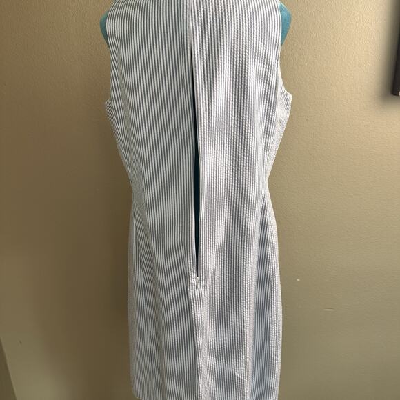 Ann Klein Women 10 Striped Blue White Sleeveless Seersucker Shift Dress Preppy - Picture 8 of 11